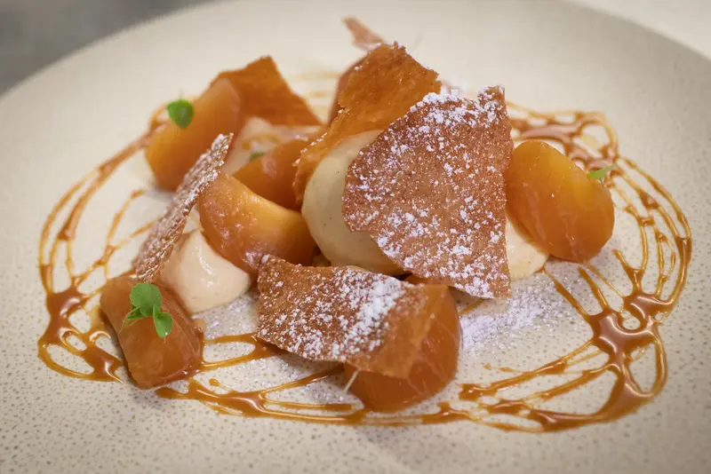 Elegant dessert with caramelized fruit, crispy pastry shards, powdered sugar, caramel drizzle, and cream on a white plate.