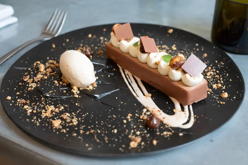 Elegant chocolate mousse bar with whipped cream rosettes, praline hazelnuts, pink chocolate shards, and vanilla ice cream on dark plate